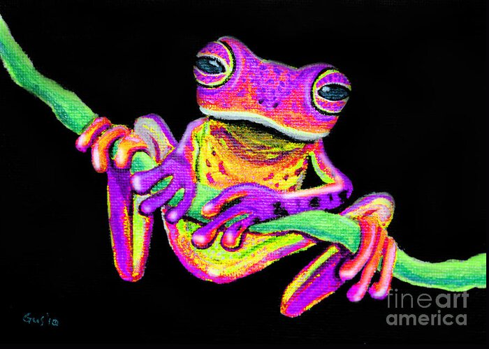 Purple Frog Greeting Card featuring the painting Purple frog on a vine by Nick Gustafson