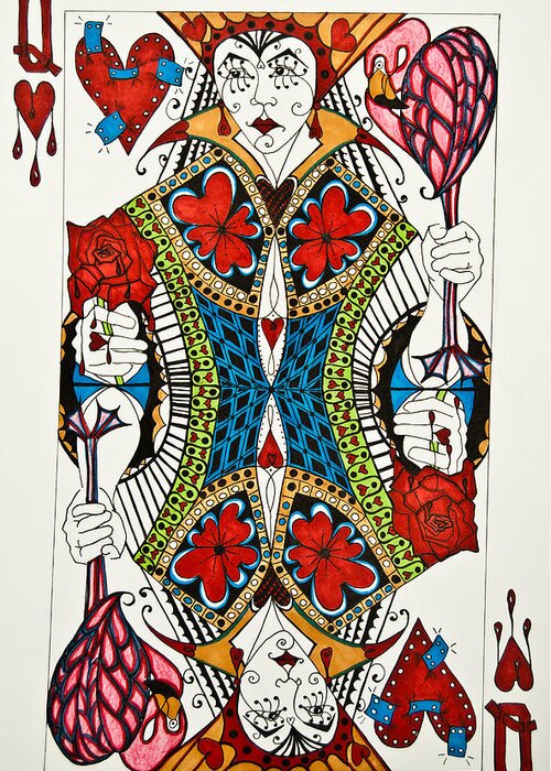Queen Of Hearts Greeting Card featuring the drawing Queen Of Hearts Face Card by Jani Freimann