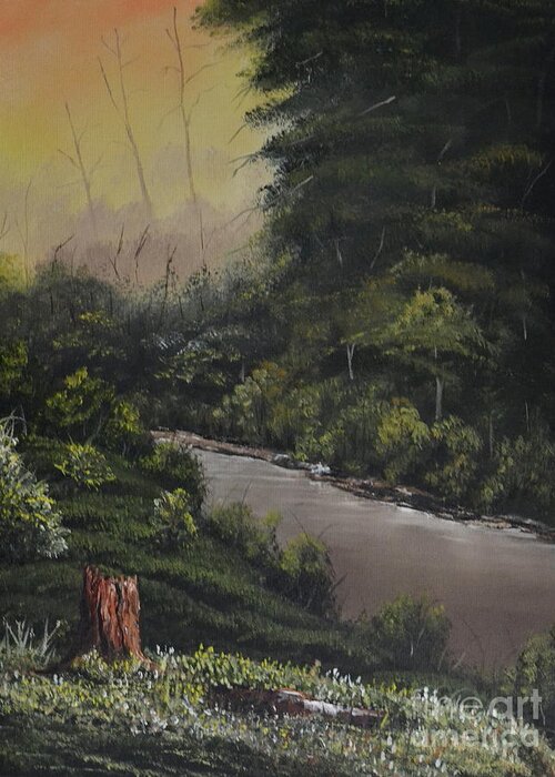 A Forest Scene At Daybreak With A Slow Moving Creek Greeting Card featuring the painting Quiet Creek by Martin Schmidt