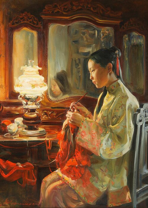China Greeting Card featuring the painting Quiet evening by Victoria Kharchenko