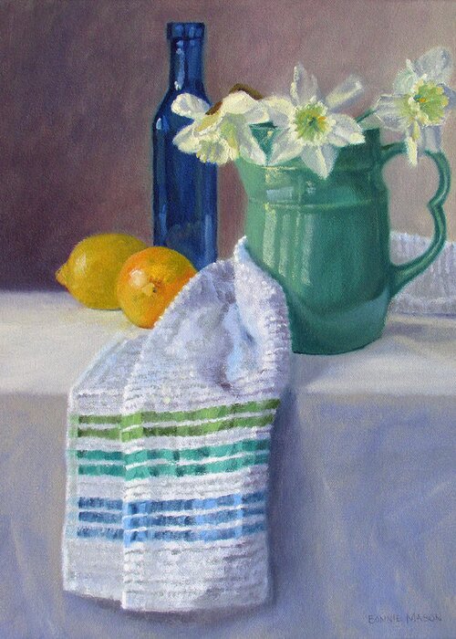 Juicy Lemons Greeting Card featuring the painting Quiet Moment- Daffodils in a Blue Green Pitcher with Lemons by Bonnie Mason