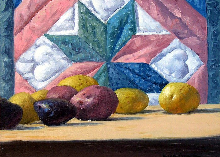 Quilt Greeting Card featuring the painting Quilt and Potatoes by Armand Cabrera