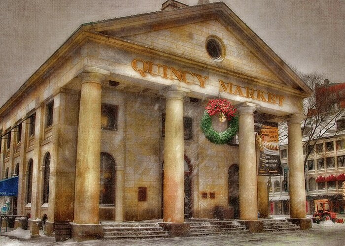 Boston Greeting Card featuring the photograph Quincy Market Snow 2 by Joann Vitali