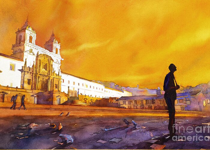 Bell-tower Greeting Card featuring the painting Quito Sunrise by Ryan Fox