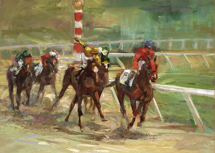 Horse Greeting Card featuring the painting Race is On by Laurie Snow Hein