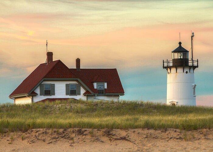 Race Point Light Greeting Card featuring the photograph Race Point Light at Sunset by Brian Caldwell