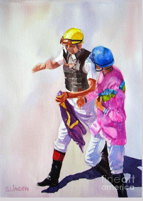Jockeys Greeting Card featuring the painting Race Rehash by Sandy Linden