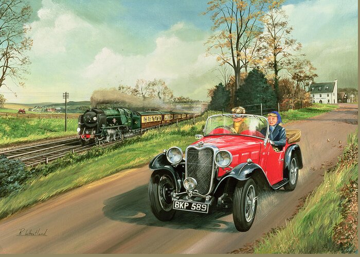 Rail Greeting Card featuring the painting Racing the Train by Richard Wheatland