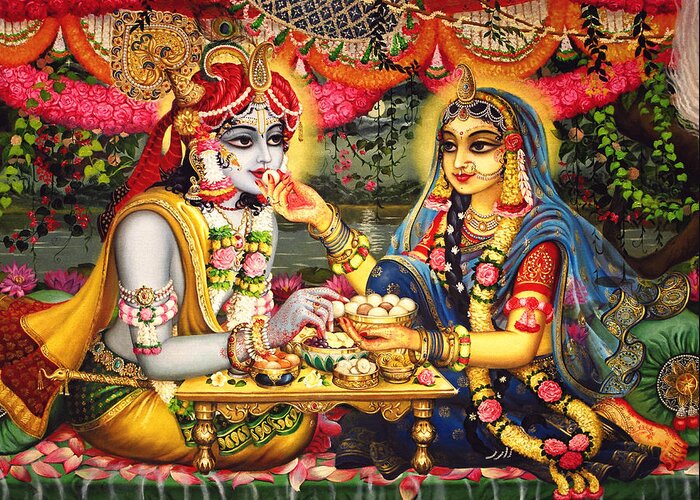 Krishna Greeting Card featuring the painting Radha Krishna Bhojan Lila on Yamuna by Vrindavan Das