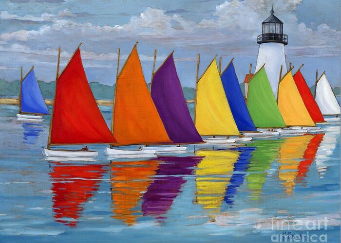 Red Greeting Card featuring the painting Rainbow Fleet by Paul Brent