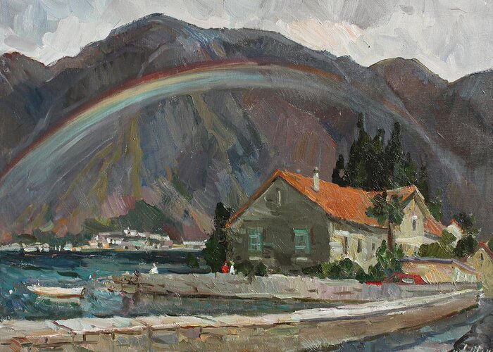 Montenegro Greeting Card featuring the painting Rainbow in the mountains by Juliya Zhukova