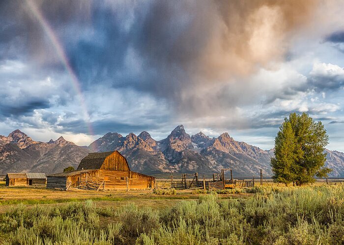 America Greeting Card featuring the photograph Rainbow on Moulton Barn - Horizontal - Grand Teton National Park by Andres Leon