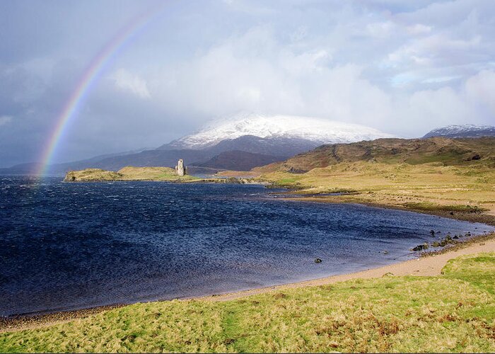 Quinag Greeting Card featuring the photograph Rainbow Over Ardveck Castle by Steve Allen/science Photo Library