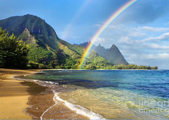 Amazing Greeting Card featuring the photograph Rainbow over Haena Beach by M Swiet Productions