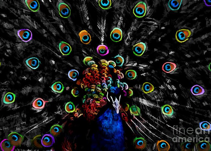 Colorful Peacock Greeting Card featuring the digital art Rainbow Peacock by Jayne Carney