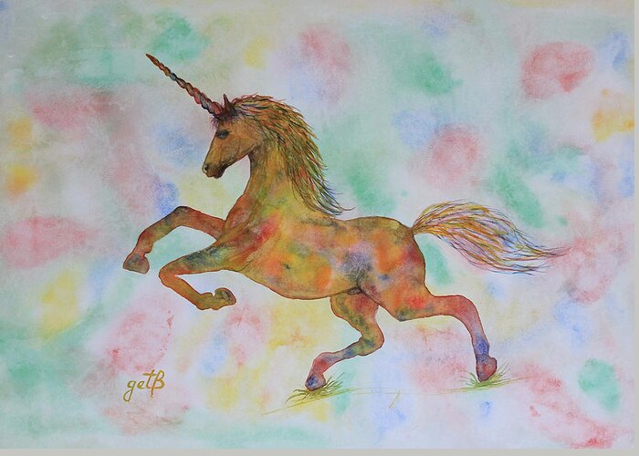 Unicorn Greeting Card featuring the painting Rainbow Unicorn in My Garden original watercolor painting by Georgeta Blanaru