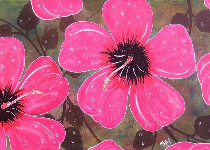 Hibiscus Greeting Card featuring the painting Rainey Day Pink Hibiscus by Cindy Micklos