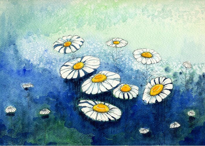 Indigo Greeting Card featuring the painting Rainy Daisies by Katherine Miller