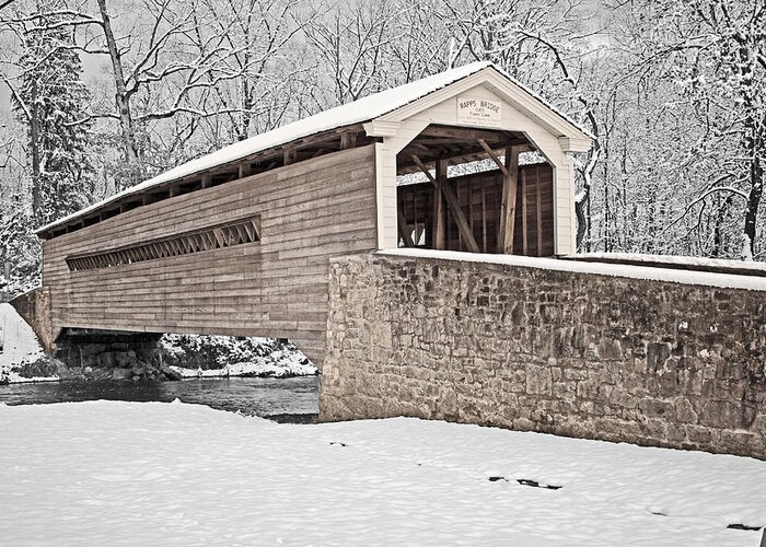 Black And White Greeting Card featuring the photograph Rapps Bridge in Winter by Michael Porchik