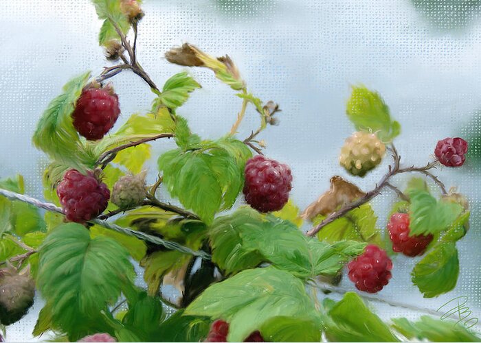 Agriculture Greeting Card featuring the digital art Raspberries on a fence by Debra Baldwin