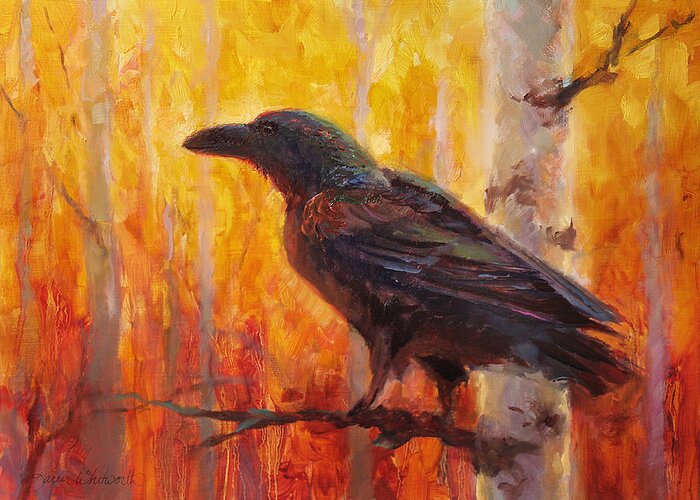 Alaska Greeting Card featuring the painting Raven Glow Autumn Forest of Golden Leaves by K Whitworth