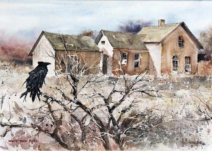 A Raven Pauses To Survey The Condition Of A Deserted House In The Country. Greeting Card featuring the painting Raven Roost by Monte Toon