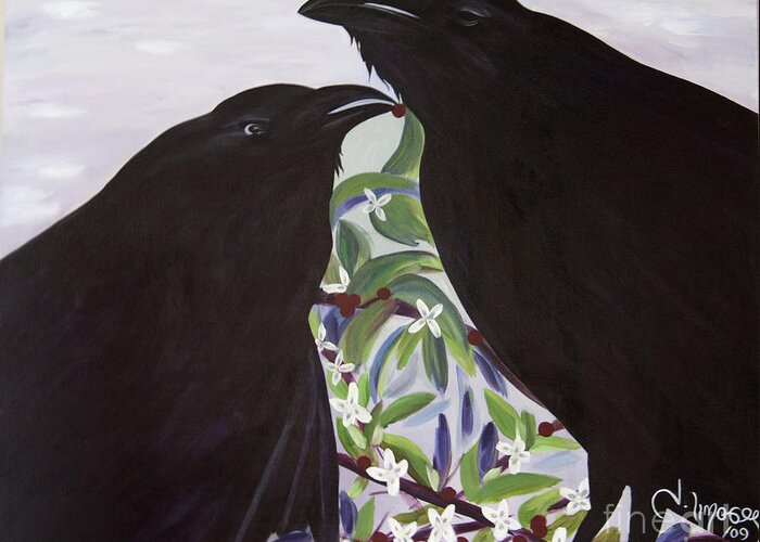 #raven #nature #wildlife #animal #treebranch #prints #painting #fineart #art #images Greeting Card featuring the painting Ravens Song by Jacquelinemari