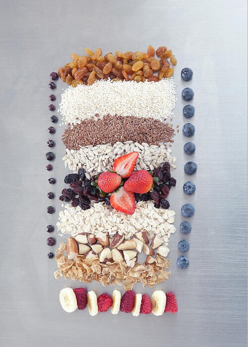 Nut Greeting Card featuring the photograph Raw Nuts, Fruit And Grains by Laurie Castelli