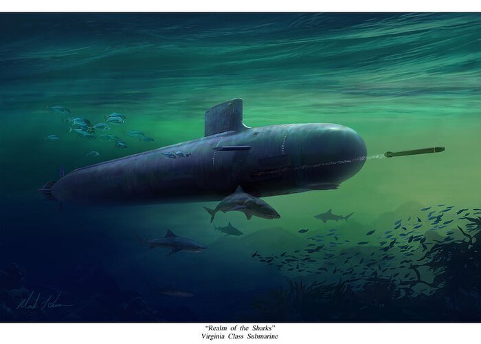 Submarine Greeting Card featuring the painting Realm of the Sharks by Mark Karvon