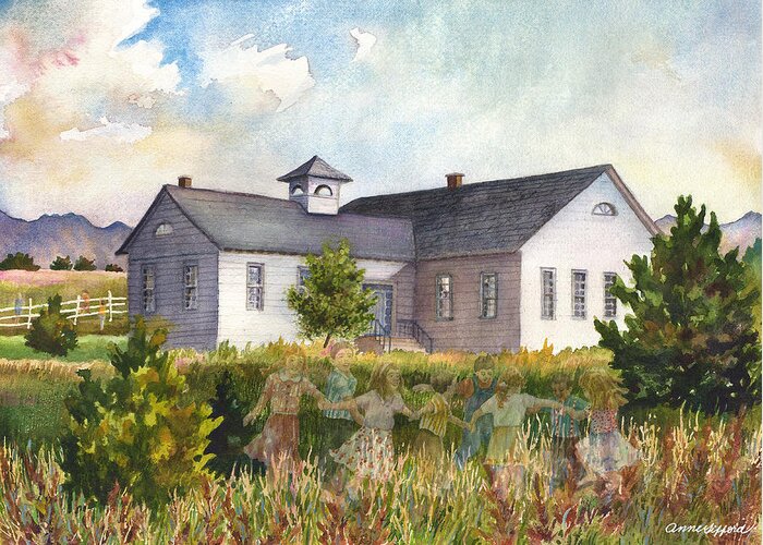 Schoolhouse Painting Greeting Card featuring the painting Recess at the Cherryvale Schoolhouse by Anne Gifford