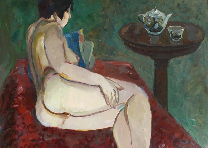 Nude Greeting Card featuring the painting Reclining nude by Juliya Zhukova
