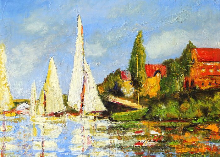 Monet Greeting Card featuring the painting Recreation of Boating at Argenteuil by Marti Green