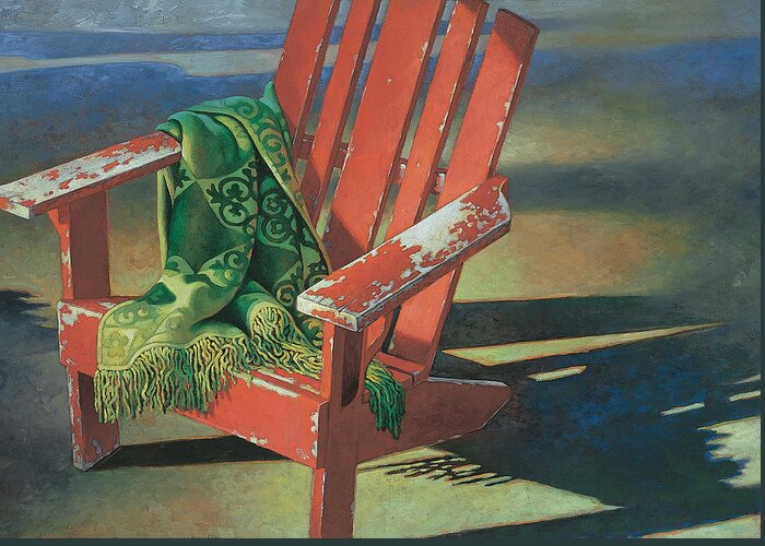 Red Greeting Card featuring the painting Red Adirondack Chair by Mia Tavonatti