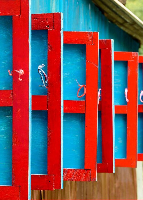 Blue Greeting Card featuring the photograph Red and blue wooden shutters by Dutourdumonde Photography