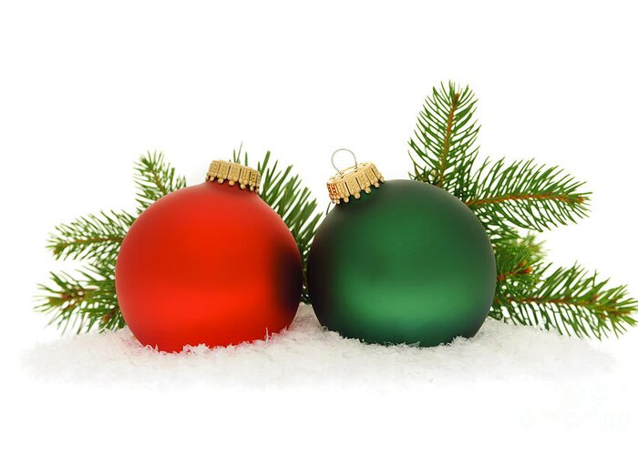 Christmas Greeting Card featuring the photograph Red and green Christmas baubles by Elena Elisseeva