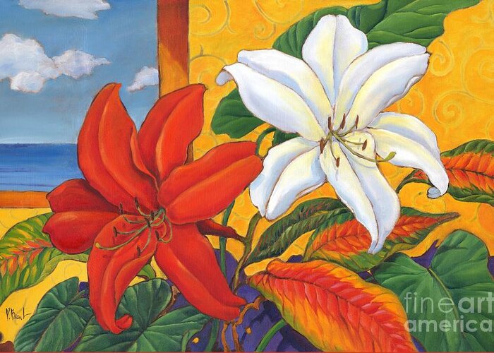 Lillie Greeting Card featuring the painting Red and White Lillies by Paul Brent