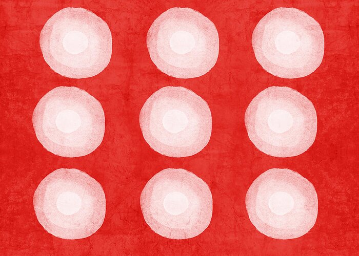 Shibori Dye Circles Pattern Shibori Look Red White Texture Pillow Abstract Art Pop Art Geometric Bedroom Art Kitchen Art Living Room Art Gallery Wall Art Art For Interior Designers Hospitality Art Set Design Wedding Gift Art By Linda Woods Greeting Card featuring the painting Red and White Shibori Circles by Linda Woods