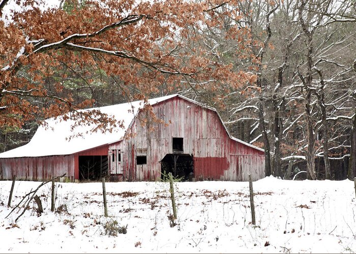 Red Greeting Card featuring the photograph Red Barn in Snow by Robert Camp