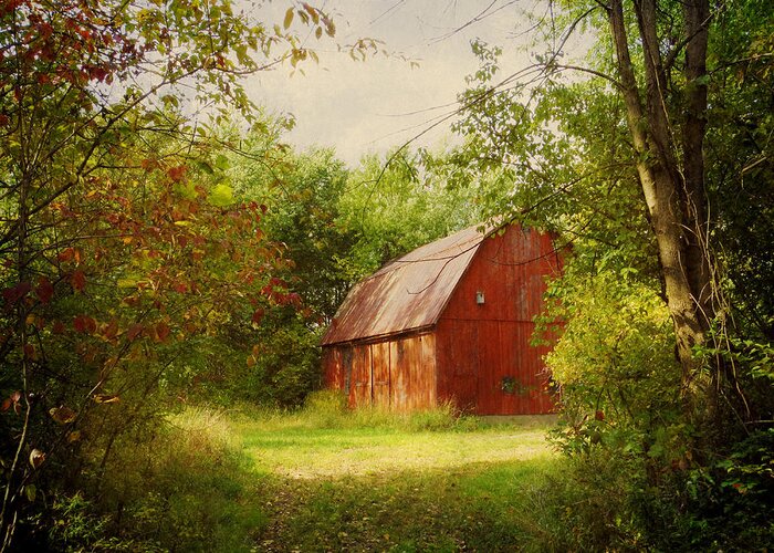 Barn Greeting Card featuring the photograph Red Barn in The Woods by Shawna Rowe