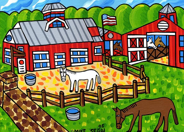 Horse Greeting Card featuring the painting Red Barn Stable by Mike Segal