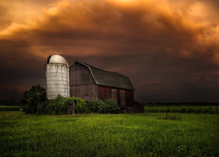Red Barn Greeting Card featuring the photograph Red Barn Stormy Sky - Rustic Dreams by Gary Heller