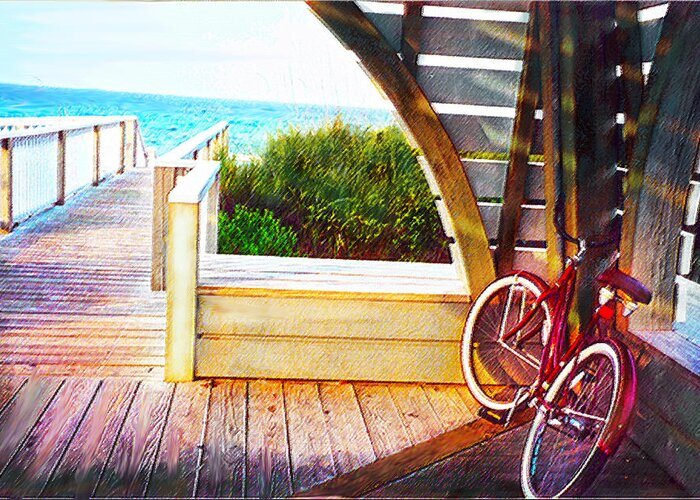 Bike Greeting Card featuring the digital art Red Bike On Beach Boardwalk by Jane Schnetlage