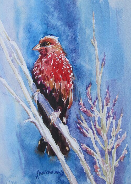Bird Greeting Card featuring the painting The Red Bird with pink flowers by Jyotika Shroff