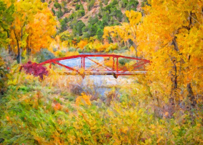 Autum Greeting Card featuring the digital art Red Bridge by Rick Wicker