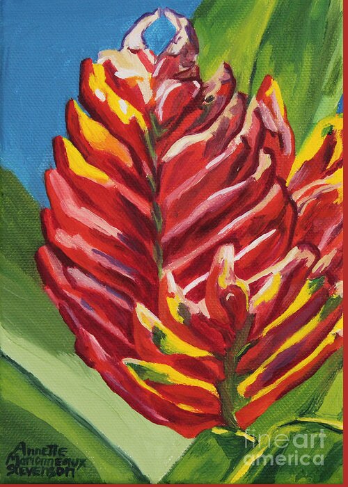Bromeliad Greeting Card featuring the painting Red Bromeliad by Annette M Stevenson
