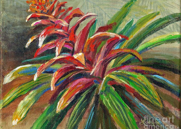 Tropical Flowers Greeting Card featuring the painting Red Bromiliad by Lou Ann Bagnall