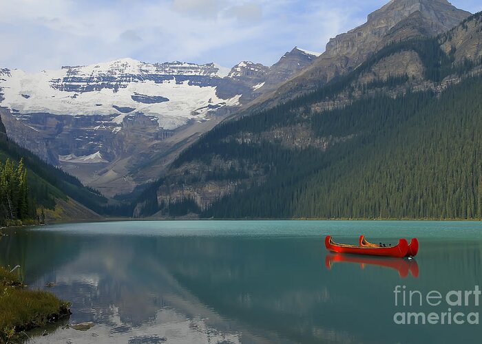 Canoe Greeting Card featuring the photograph Red Canoes on Lake Louise by Teresa Zieba
