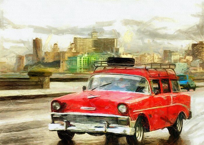 Red Greeting Card featuring the mixed media Red Car Drawing by Daliana Pacuraru