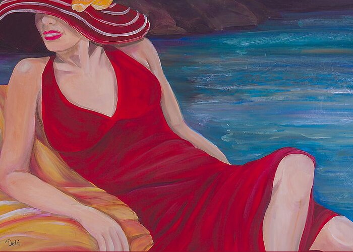 Woman Greeting Card featuring the painting Red Dress Reclining by Debi Starr