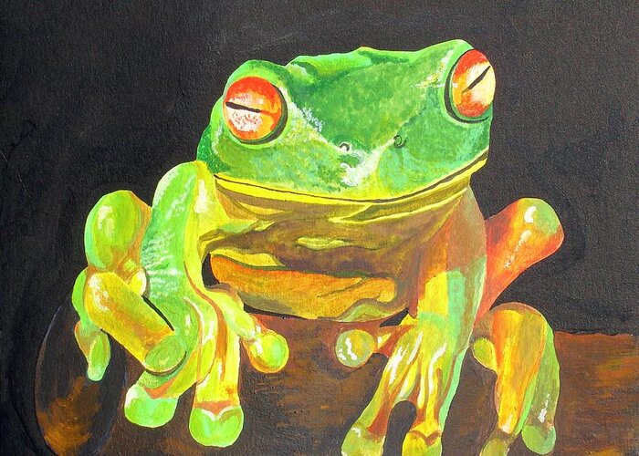 Amphibian Greeting Card featuring the painting Red Eyed Tree Frog by Taiche Acrylic Art